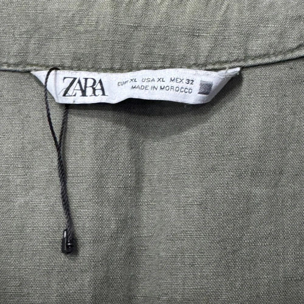 Zara‎ Romper Women XL Olive Green Button Front Utility Linen Blend Short